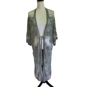 Mesh Embroidered Floral Duster Kimono One Size Gray Boho Hippie Festival